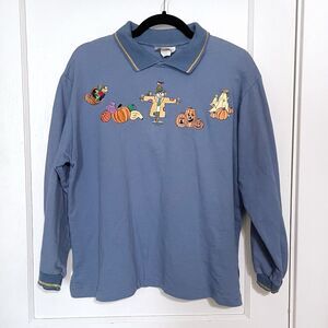 Vintage Tia Designs Blue Fall Pumpkin Scarecrow Collared Sweatshirt Large